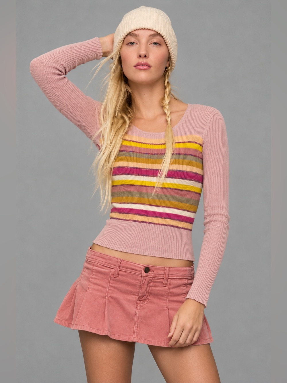 JED 100% Pure Silk Pink Striped Ribbed Sweater – Size Large *1169
